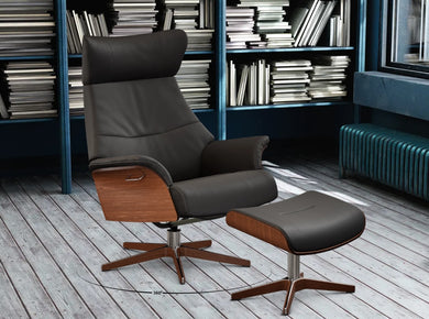 The Conform® AIR Chair is a Scandinavian designed  recliner with matching Ottoman foot stool.  Handcrafted in Sweden, it features the highest quality fabrics and materials, from sheepskin to leather. Its footstool is a natural companion that supports relaxation and makes this chair ideal for a nook, library, or bedroom. A design chameleon, it plays well with many types of interior design, and will be a piece you’ll love and use for years